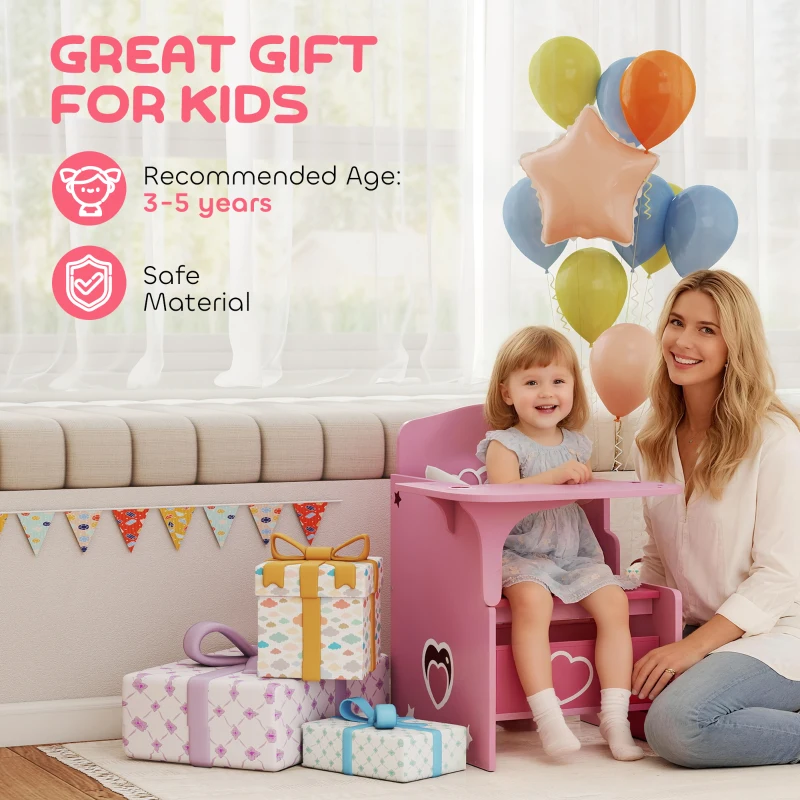 AIYAPLAY Set Tavolo e Sedia per Bambini 3-5 Anni in Legno MDF con Motivi a Cuore, Contenitore Integrato, Rosa