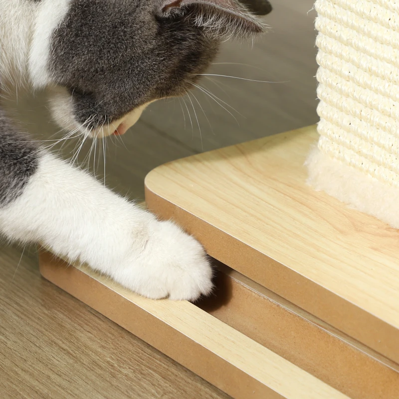 PawHut Arranhador 3-in-1 com pista de jogo, bola de brincar, sisal, até 5 kg, 34 x 34 x 67 cm, Carvalho/Creme