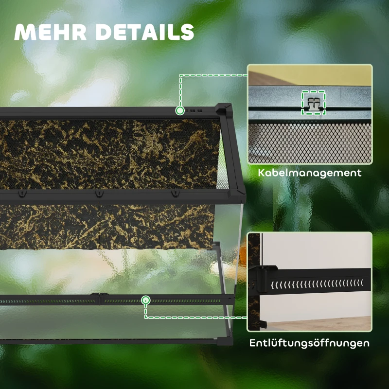 PawHut Terrário para Répteis Terrário de Vidro 48 L com Ventilação Frontal Fundo em Pedra Fecho Giratório 50x30x35 cm Preto
