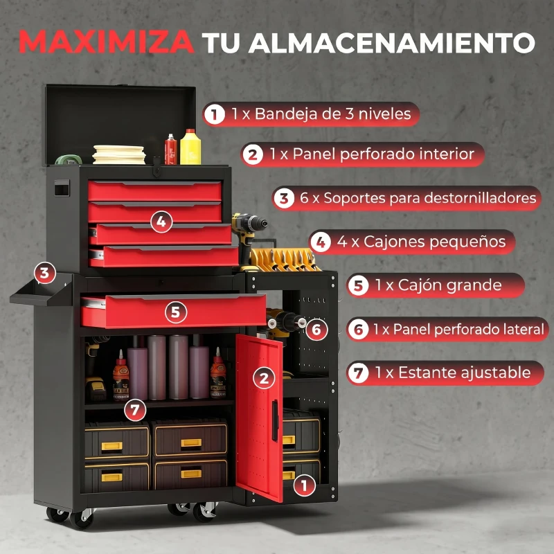 HOMCOM Carro de Herramientas con Ruedas 3 en 1 con 5 Cajones y Armario Inferior Paneles Perforados y Cerradura Negro y Rojo