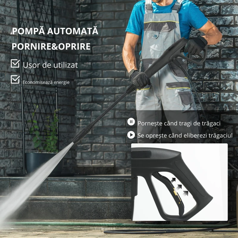 Outsunny Aparat de spălat sub presiune cu pompă din aluminiu 135 bar presiune maximă 1800W putere 540 l/h furtun 5m duză reglabilă & mânere