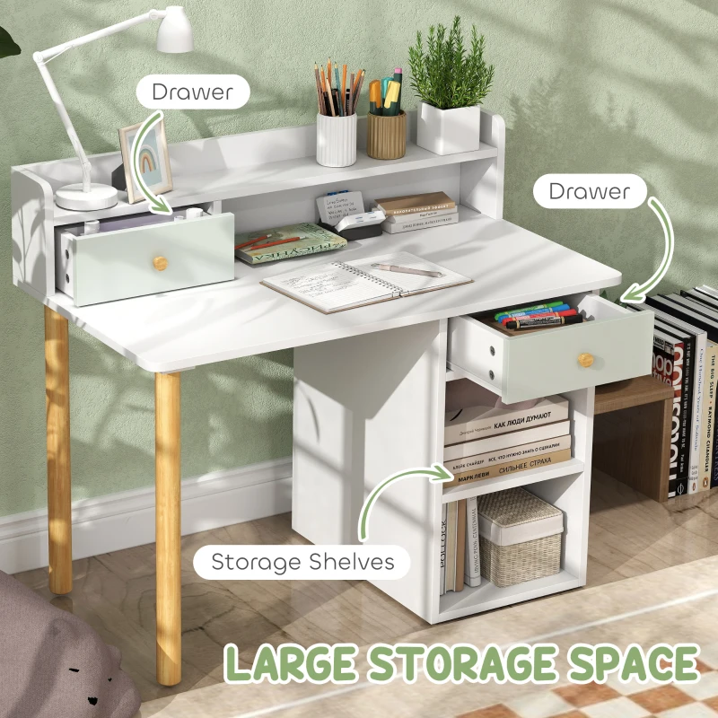 AIYAPLAY Two-Piece Children Study Table with Hutch, Kids Desk and Chair Set with Storage, Drawer, Shelves, Green