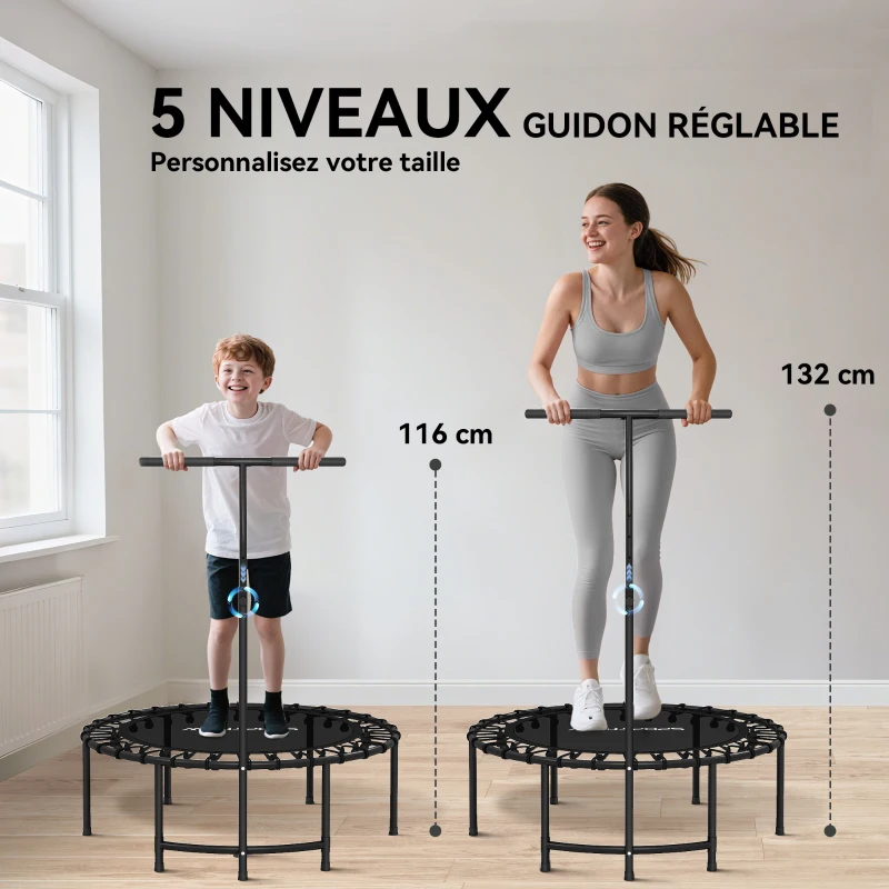 SPORTNOW Trampoline de Fitness avec Cordes Élastiques, Poignée Réglable 5 Positions, Capacité 100 kg, Acier, Ø102x132cm, Noir
