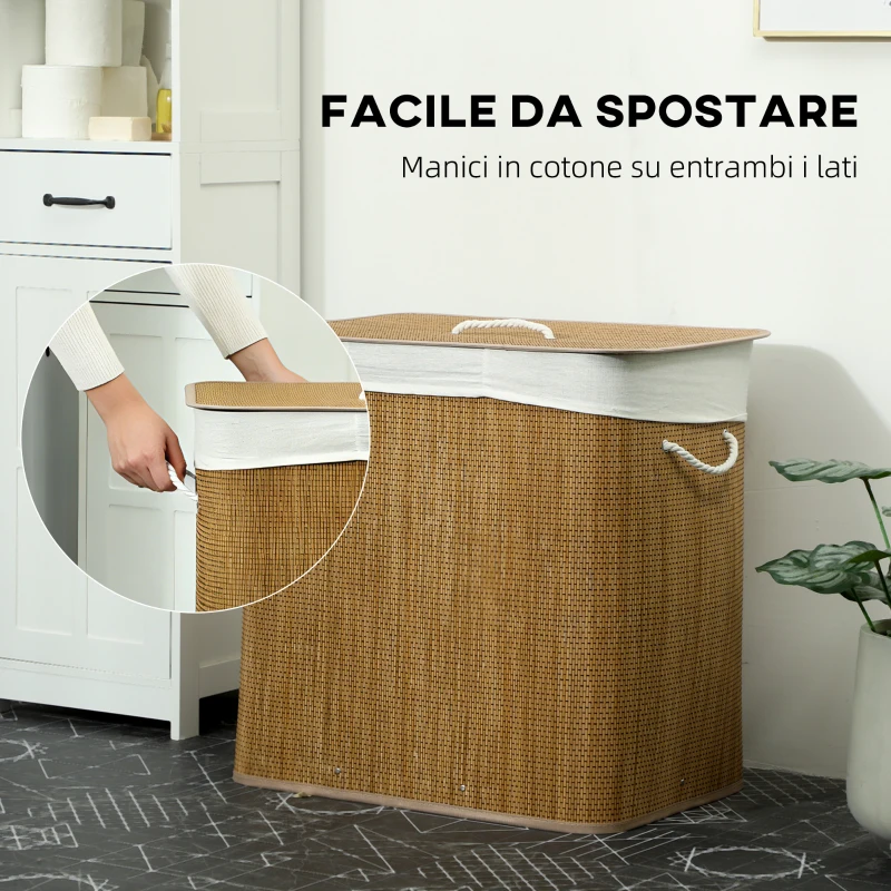 HOMCOM Cesto Portabiancheria in Bambù con Coperchio, 144L, 3 Scomparti, Sacca Removibile e Lavabile, Maniglie, Marrone