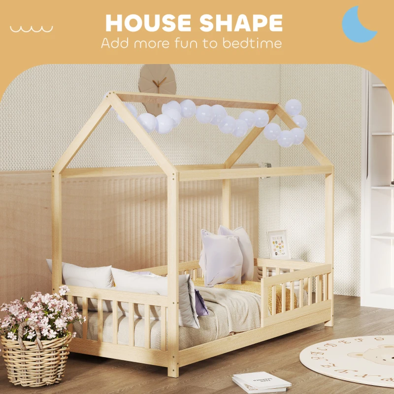 HOMCOM Struttura Letto per Bambini a Forma di Casetta con Doghe e Recinzione, in Legno di Pino, Color Legno