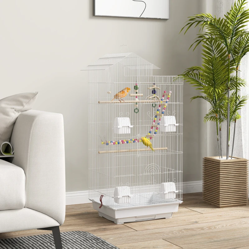 PawHut Gabbia per Uccelli, Voliera con Maniglia e Porte, Gabbietta con Altalena, Ciotole e Giochi, 46x36x100 cm, Bianco