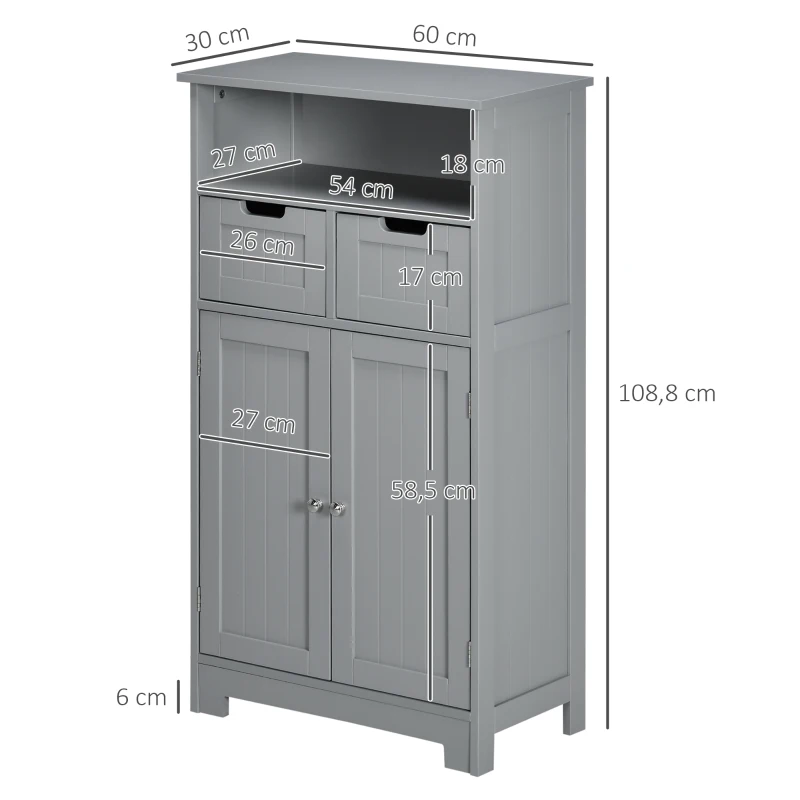 kleankin Badezimmerschrank mit 2 Schubladen, Fach, Schrank mit Tür, verstellbarer Einlegeboden, 60 x 30 x 109 cm, grau