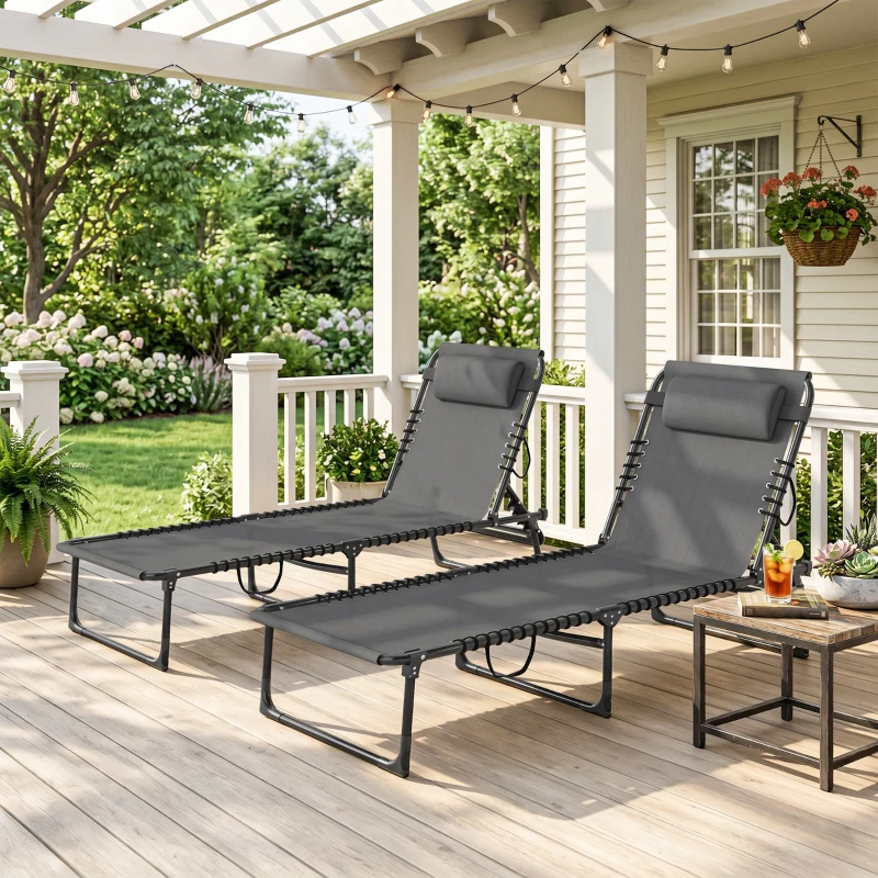 Outsunny Lot de 2 bain de soleil transat pliable dossier inclinable multi-positions acier lacets élastiques textilène gris
