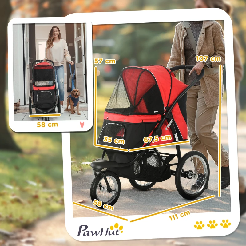 PawHut Carrinho para cães, dobrável, proteção solar, janelas em tela, cesto de armazenamento, vermelho, 111 x 58 x 107 cm