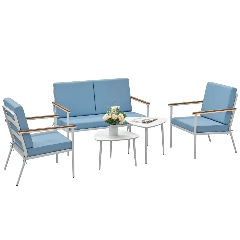 Outsunny Gartenlounge für 4 Personen, 5‑teiliges Balkon‑Set mit Sofa, 2 Sesseln und 2 Couchtischen, Hellblau