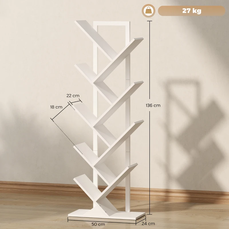 HOMCOM 9-Tier Tree Bookshelf, Industrial Free Standing Bookcase with Steel Frame, Display Storage White