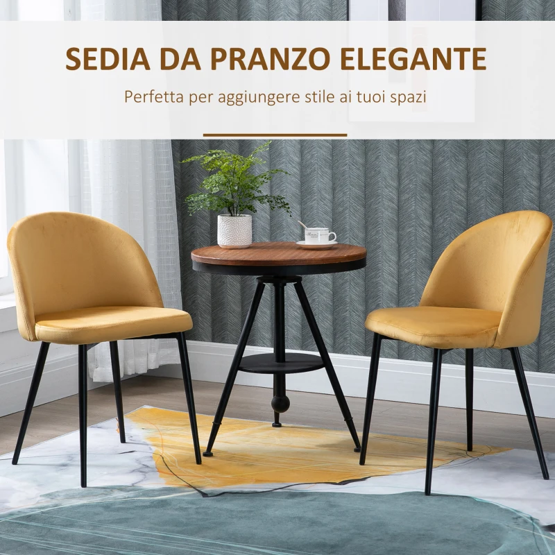 HOMCOM Set di 2 Sedie per Sala da Pranzo e Cucina Imbottite in Velluto, 49x50x77cm, Giallo