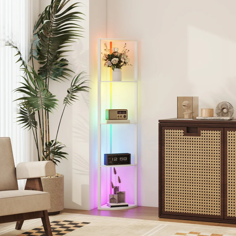 HOMCOM RGB LED Floor Lamp with Shelves, 4-Tier Dimmable Standing Lamp with Adjustable Brightness and Remote Control, Modern Corner Display Shelf Unit for Living Room Bedroom Office, White