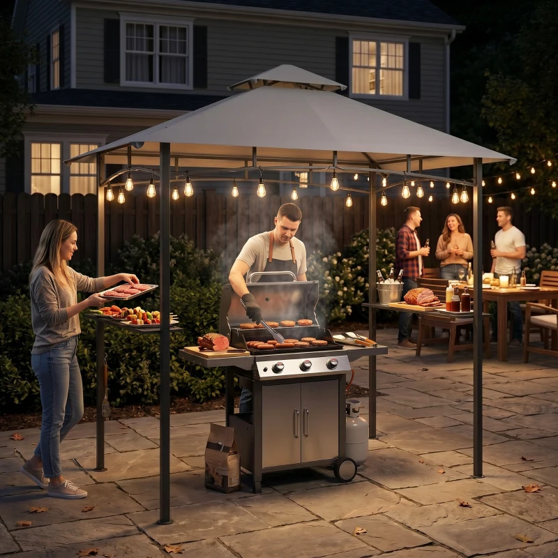 Outsunny Grillpavillon Gartenzelt Grill Pavillon Balkonpavillon mit Ablagen Flammhemmendes Doppeldach Grau 245 x 148 x 252 cm