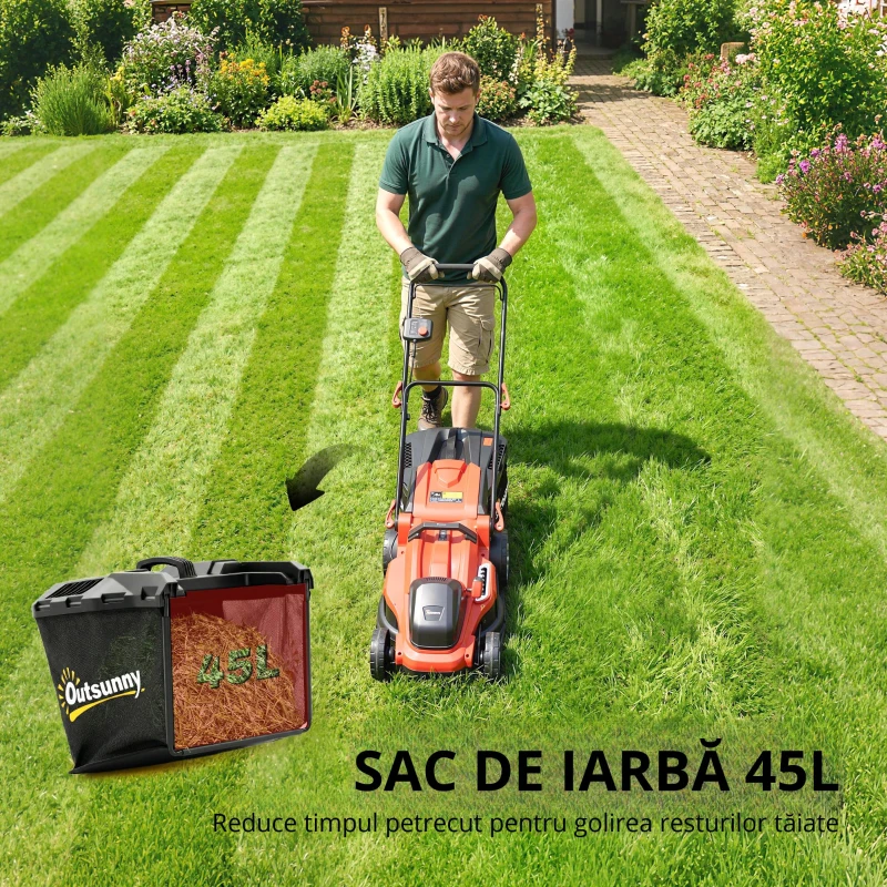 Outsunny Mașină de tuns iarbă electrică 800 W cu lățime de tăiere 40 cm, coș 45L, afișaj baterie, protecție la suprasarcină, 7 trepte de tăiere