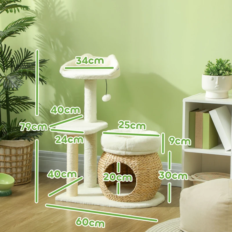 PawHut Arranhador com Casinha para Gatos Bola de Brincar e Plataforma Caniço e Sisal até 10 kg 60x40x79 cm Creme