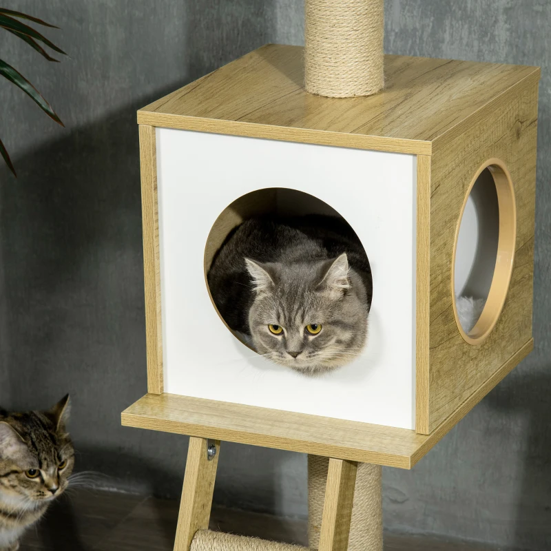 PawHut Árvore de arranhar, até ao teto, casinha para gatos, duas plataformas, rede, proteção anti-tombamento, castanho claro+bege, 40 x 40 x 260 cm
