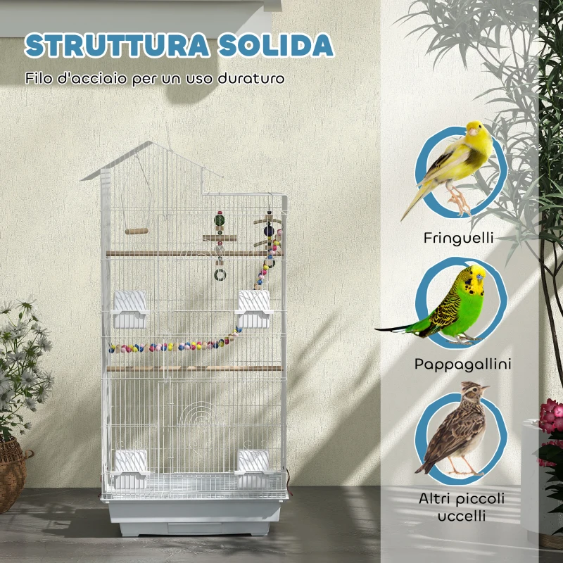PawHut Gabbia per Uccelli, Voliera con Maniglia e Porte, Gabbietta con Altalena, Ciotole e Giochi, 46x36x100 cm, Bianco