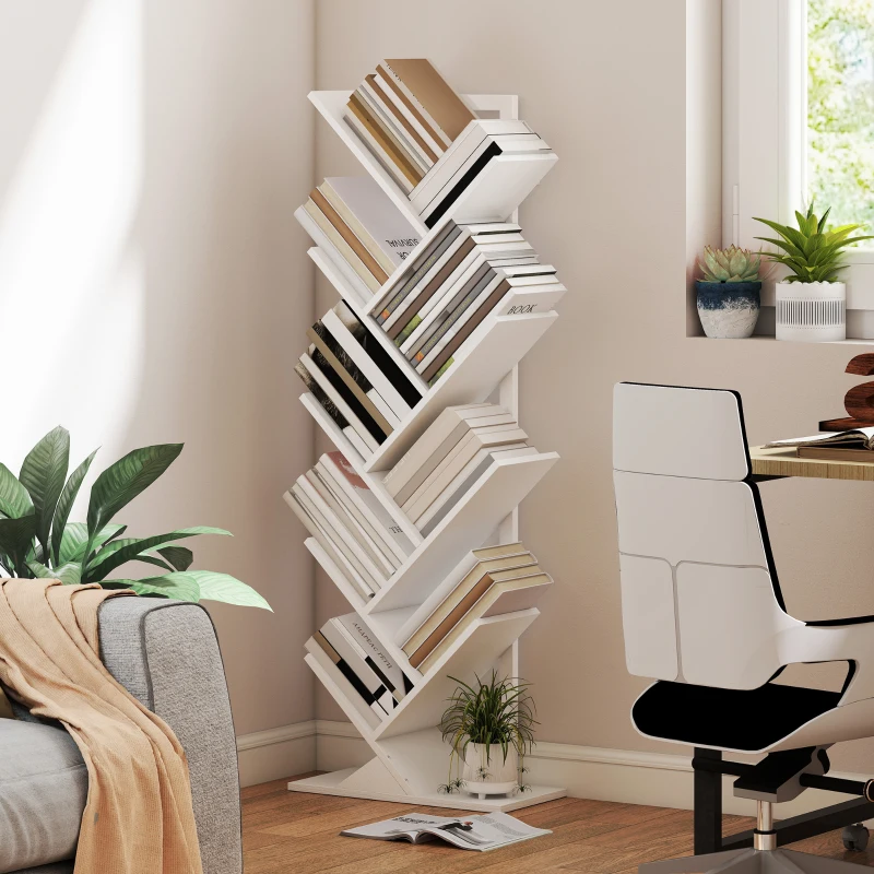 HOMCOM 9-Tier Tree Bookshelf, Industrial Free Standing Bookcase with Steel Frame, Display Storage White