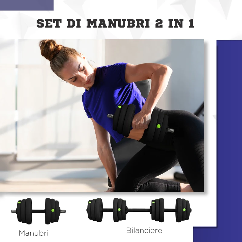SPORTNOW Set 2 in 1 con 2 Manubri Convertibili in Bilanciere, Peso Totale 25 kg e Dischi Pesi Regolabili, Nero