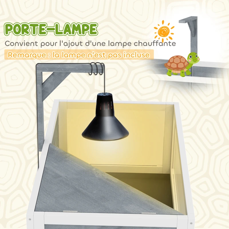 PawHut Maison pour tortues terrarium tortue terrestre sur pieds 2 zones toit ouvrant zone interactive 84,5 x 47,5 x 90 cm gris