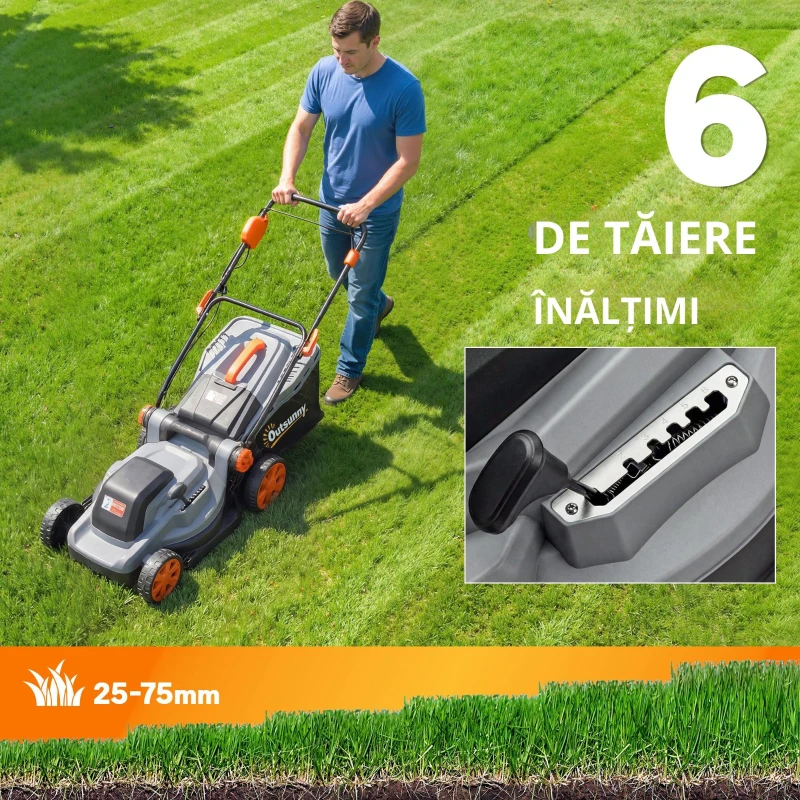 Outsunny Mașină de tuns iarba pe baterie fără fir 18V cu 2 baterii de 4Ah, lățime de tăiere 34 cm și funcție mulching, motor 700 W