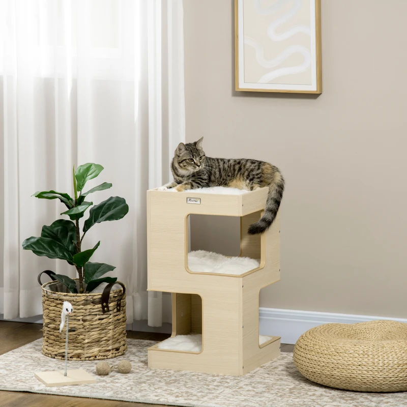 PawHut Toca em Barril para Gatos, Toca para Gatos, 2 Níveis, incl. Brinquedo, 34 cm x 34 cm x 60 cm, Natural + Cinza Claro