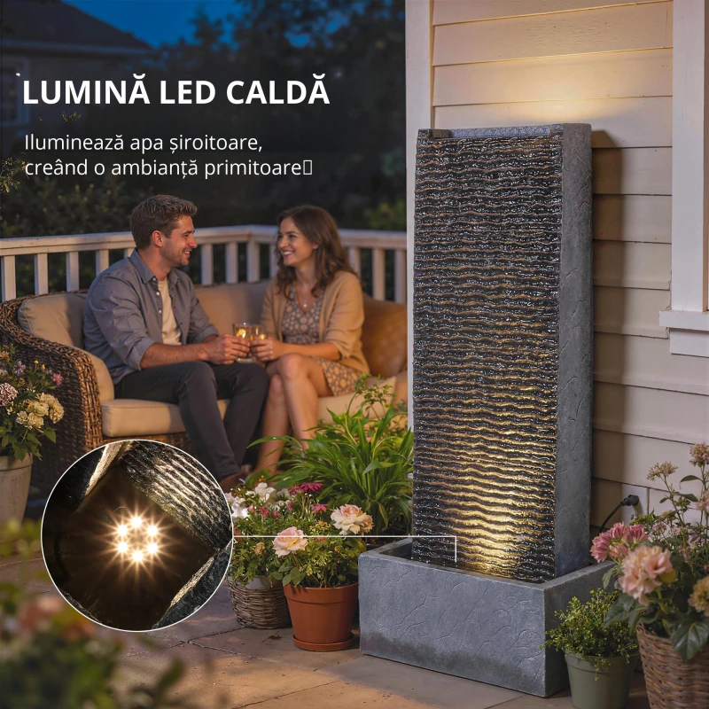Outsunny Fântână 2 niveluri pentru grădină cu iluminare LED, pompă, aspect granit 37,5 x 22 x 80 cm