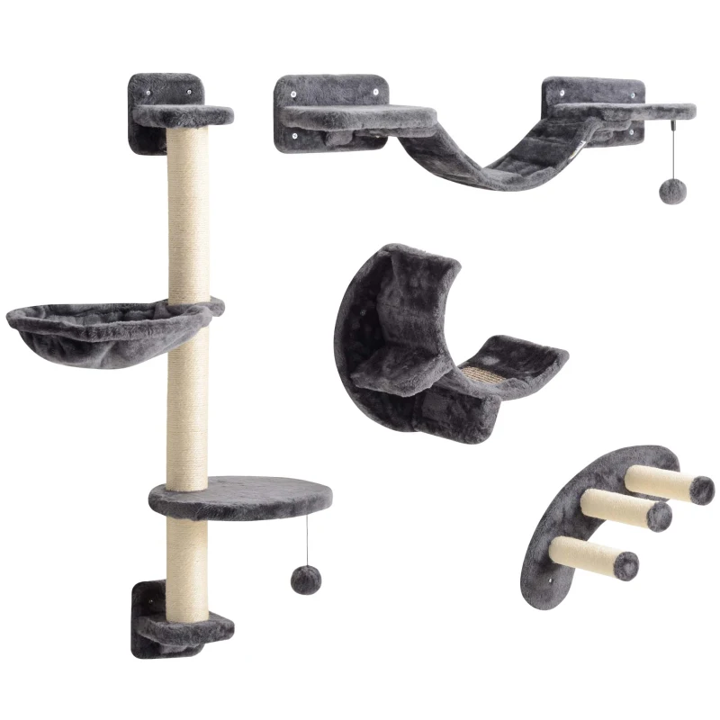 PawHut Parede de Escalada para Gatos 4 peças - Conjunto de Escalada com Rede, Ponte para Gato até 5 kg, Cinza Escuro