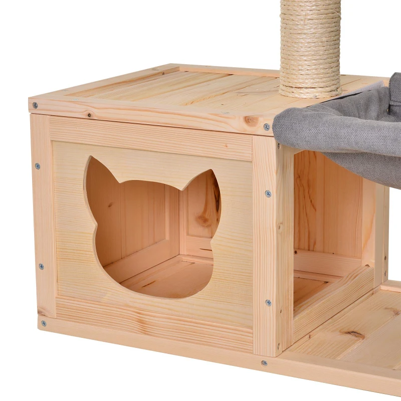 PawHut Caverna para Gatos, Cama para Gatos com Rede, Poste de Sisal, Plataforma Casa para Gatos em Madeira Arranhador para Gatos para Interior 70 x 35 x 60 cm Natural
