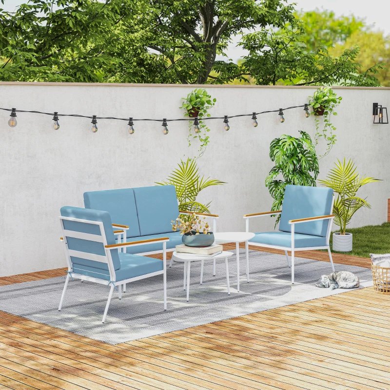 Outsunny Gartenlounge für 4 Personen, 5‑teiliges Balkon‑Set mit Sofa, 2 Sesseln und 2 Couchtischen, Hellblau