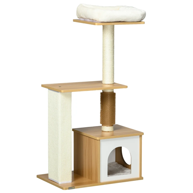 PawHut Arranhador Árvore para Gatos Casa para Gatos, 1 Cama para Gato, 1 Área de Descanso, 59,5 cm x 39,5 cm x 114 cm, Marrom + Branco