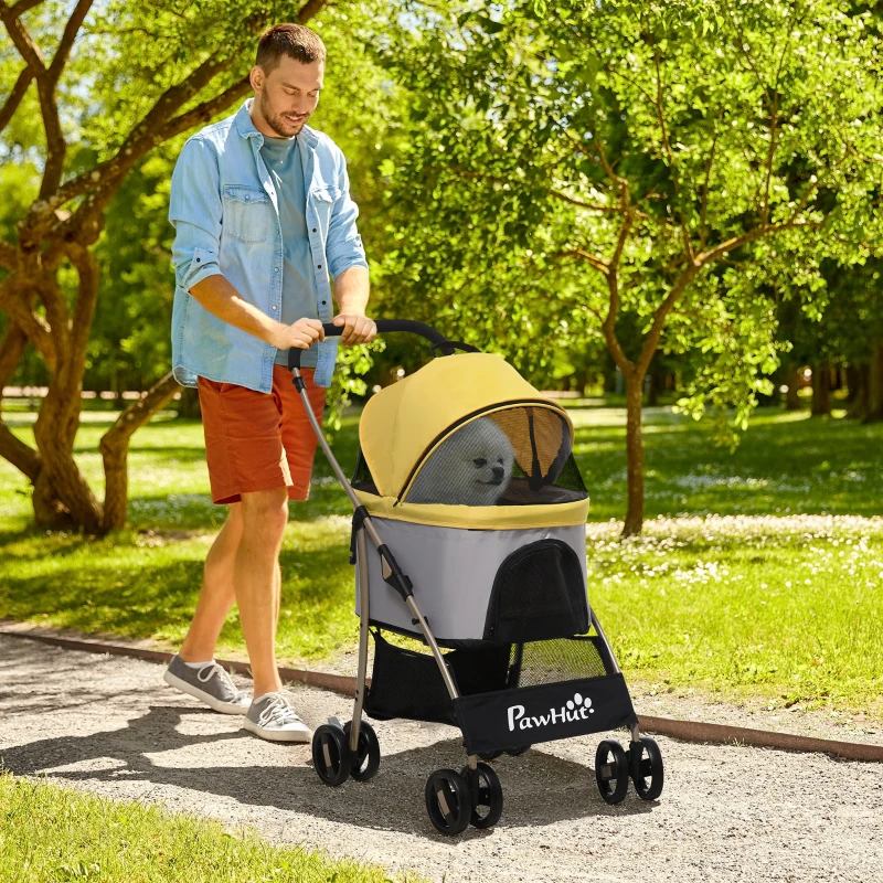 PawHut 2-em-1 Carrinho para Cães Trolley, dobrável, 1 cesto, 1 bolsa, 82 cm x 49,5 cm x 98 cm, Amarelo