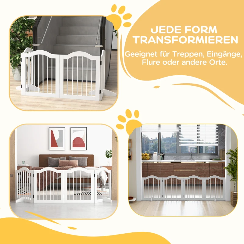 PawHut Grade Dobrável para Cães, 4 Painéis, para Escadas, Corredores, Portas, MDF/Madeira maciça, Branco