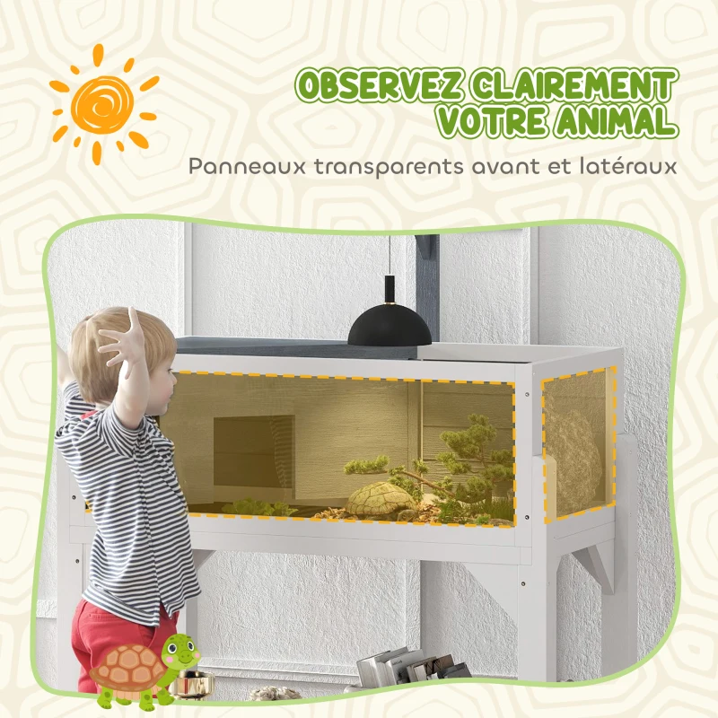 PawHut Maison pour tortues terrarium tortue terrestre sur pieds 2 zones toit ouvrant zone interactive 84,5 x 47,5 x 90 cm gris
