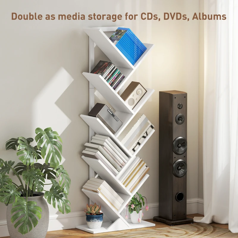 HOMCOM 9-Tier Tree Bookshelf, Industrial Free Standing Bookcase with Steel Frame, Display Storage White
