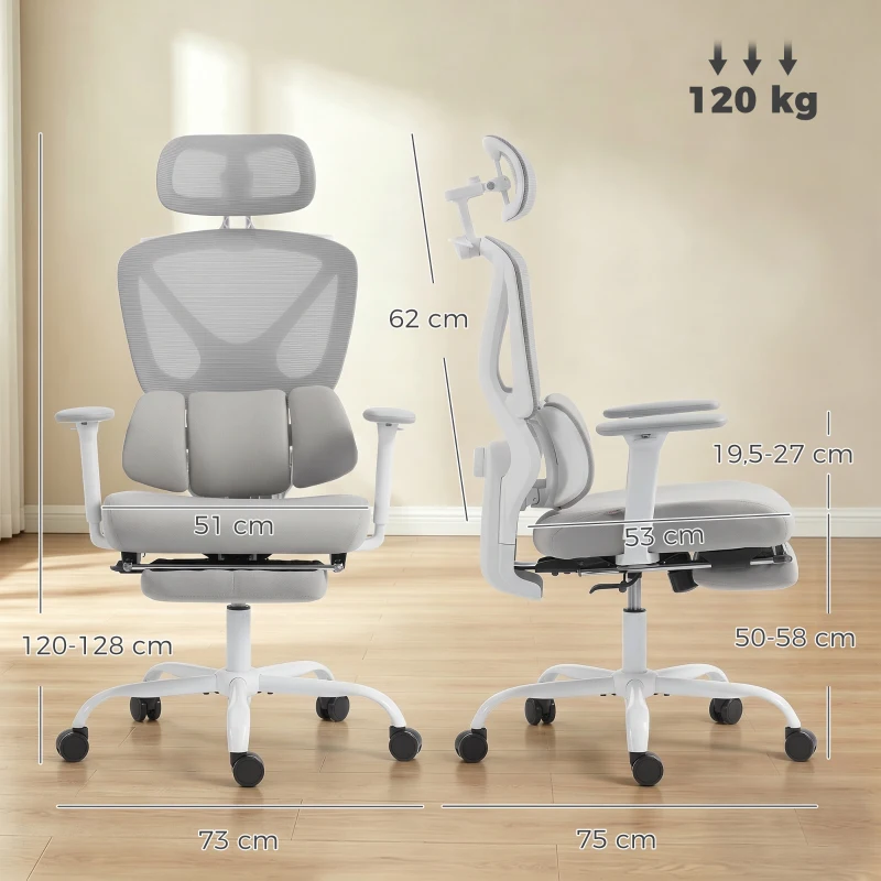 HOMCOM Ergonomischer Bürostuhl, Bürosessel mit adaptiv-dynamischer Lendenstütze, 73x75x120-128cm, grau