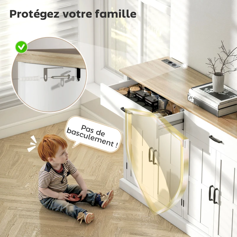 HOMCOM Sideboard mit USB-Anschluss und Mehrfachsteckdose TV-Möbel mit 2 Schränken mit Scheunentüren, 2 Schubladen und verstellbaren Regalen, weiß