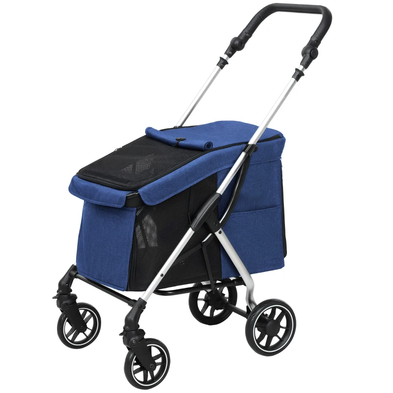 PawHut Carrinho para cães, transporte leve e dobrável para cães pequenos, almofada lavável, janelas em tela, Azul escuro