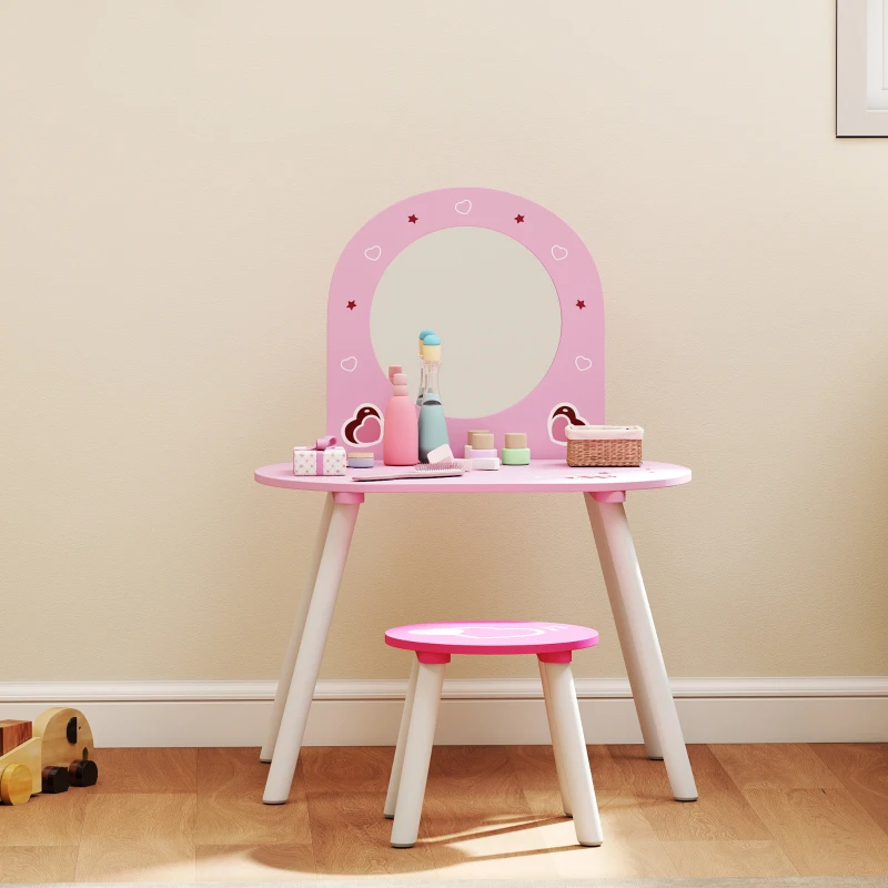 AIYAPLAY Set Toeletta Trucco Bambina 3-6 Anni con Sgabello, Specchio Infrangibile, Design con Cuori, Rosa