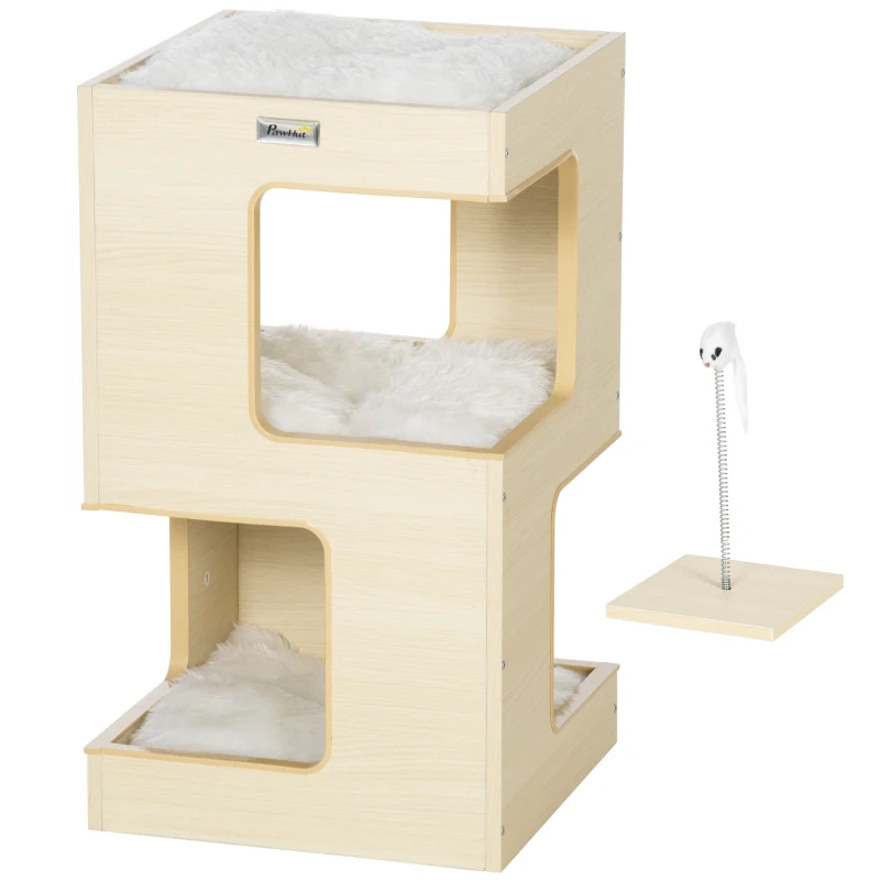 PawHut Toca em Barril para Gatos, Toca para Gatos, 2 Níveis, incl. Brinquedo, 34 cm x 34 cm x 60 cm, Natural + Cinza Claro