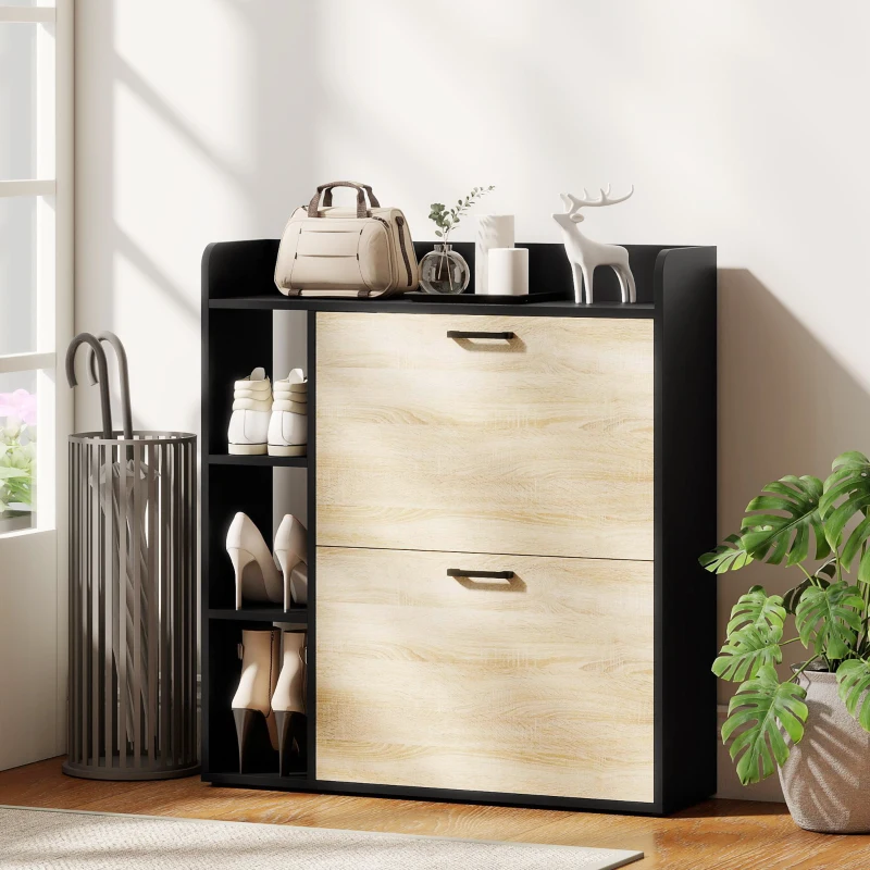 HOMCOM Scarpiera Slim con 2 Cassetti Ribaltabili e 3 Vani Aperti, Capacità 15 Scarpe, 83x24x90.5 cm, Nero