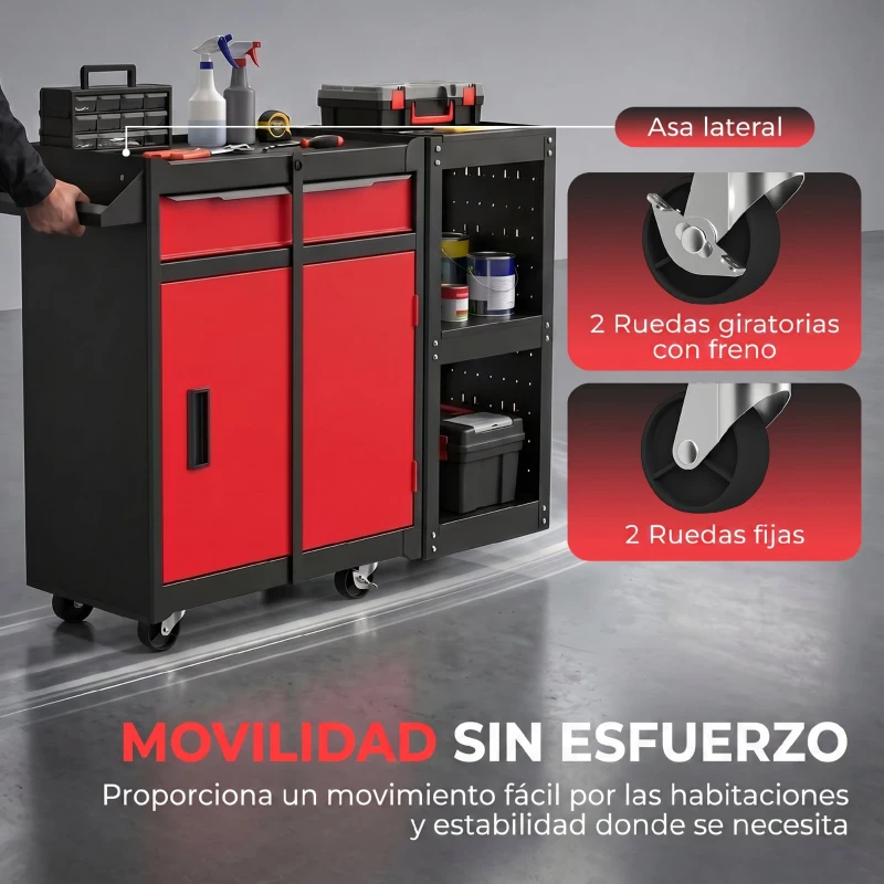 HOMCOM Carro de Herramientas con Ruedas 3 en 1 con 5 Cajones y Armario Inferior Paneles Perforados y Cerradura Negro y Rojo
