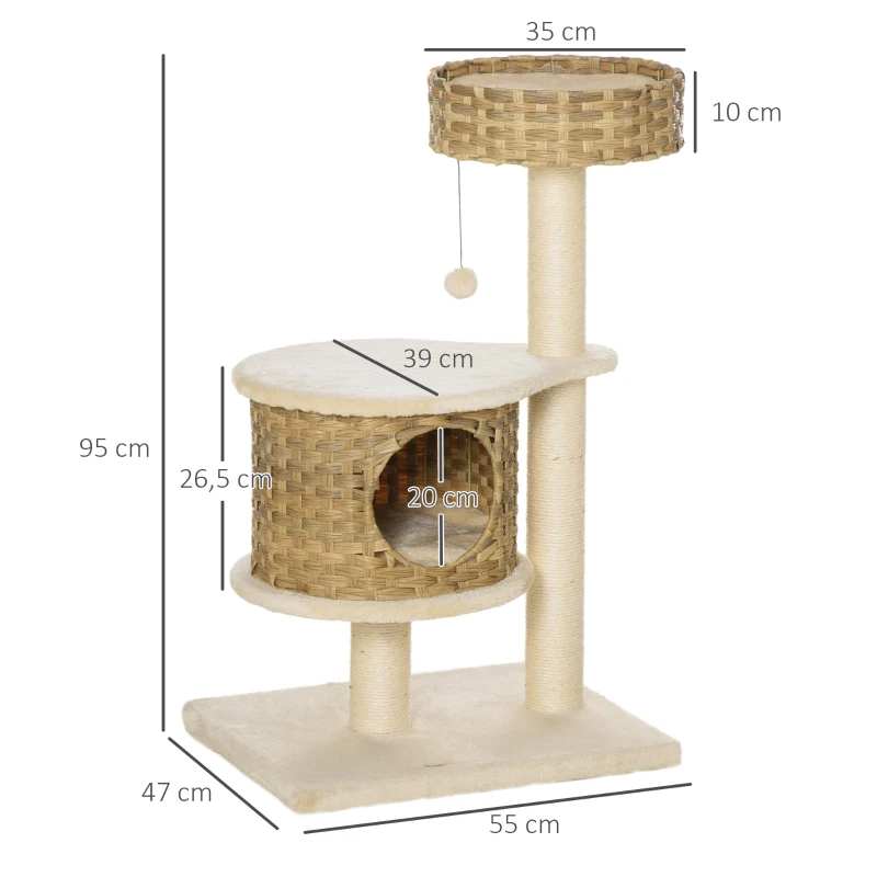 PawHut Arranhador 95 cm Torre para Gatos com Toca, Bola de Brinquedo, Troncos de Sisal, Plataforma Grande, Arranhador Multinível, Árvore de Escalada, para Gatos até 5 kg, Natural+Bege
