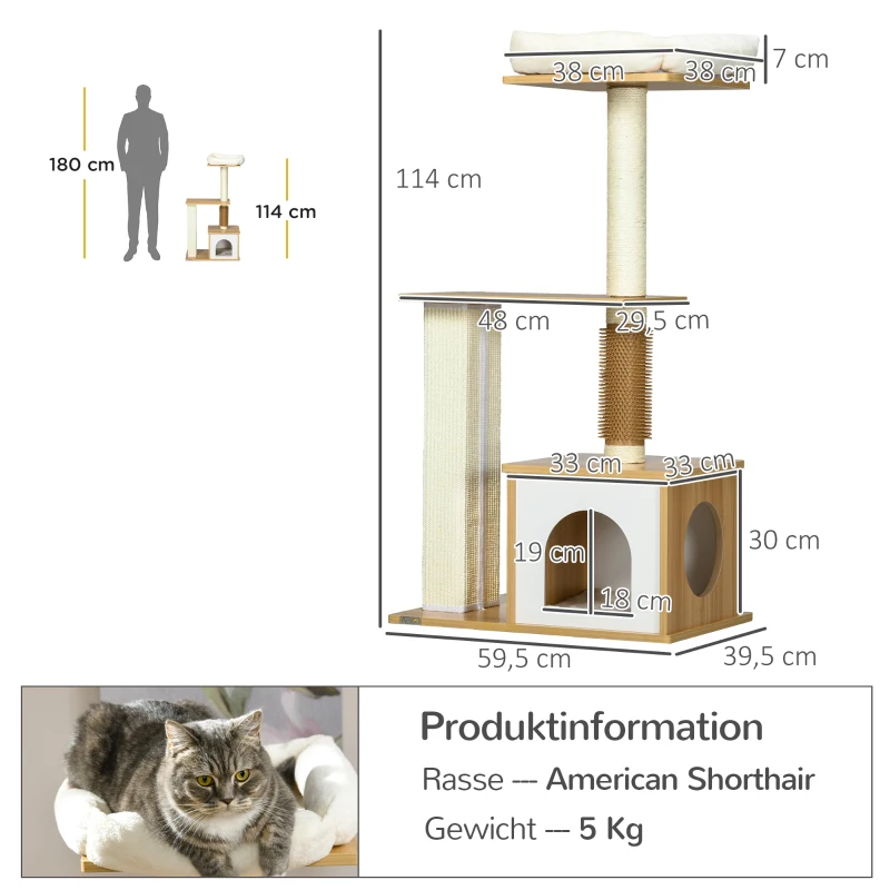 PawHut Arranhador Árvore para Gatos Casa para Gatos, 1 Cama para Gato, 1 Área de Descanso, 59,5 cm x 39,5 cm x 114 cm, Marrom + Branco