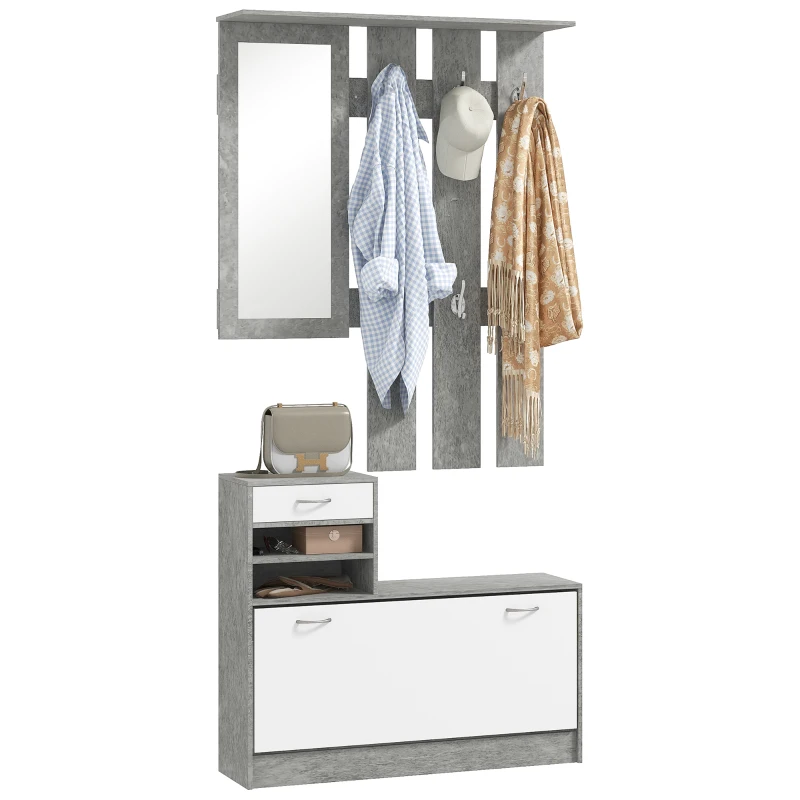 HOMCOM Set Eingangs­möbel mit Garderobe mit 6 Haken, Schuhschrank mit Schublade und Spiegel, Grau