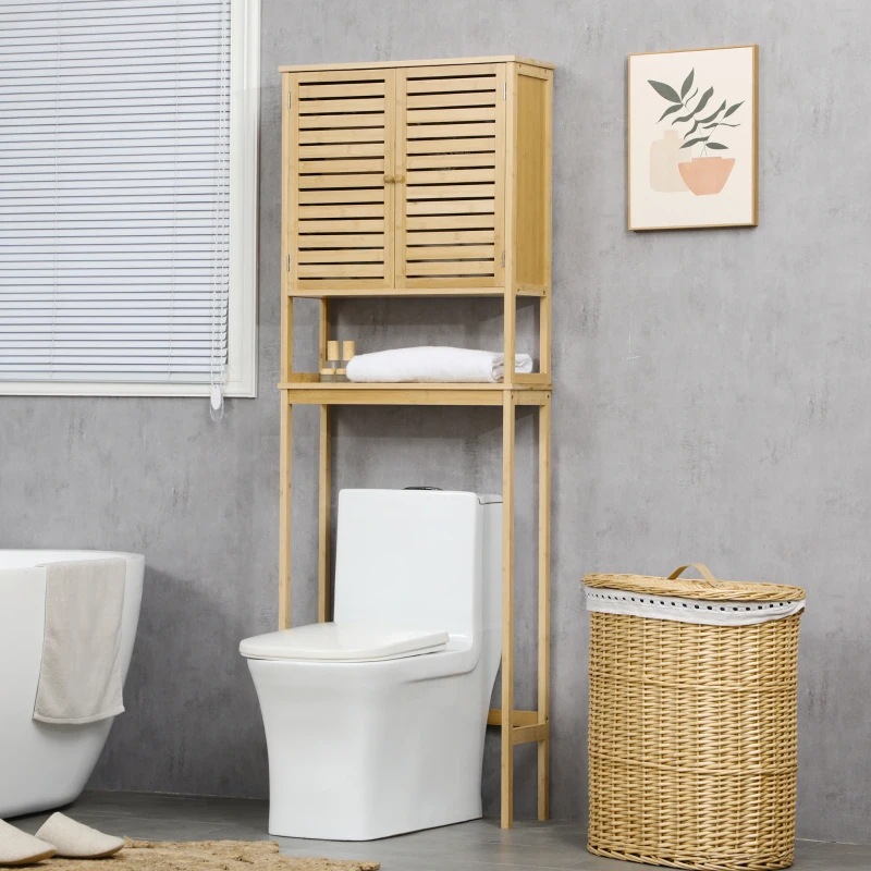 kleankin Étagère de toilettes meuble de salle de bain dessus toilette WC avec placard 2 portes et étagère ouverte 60 x 23 x 173 cm bambou