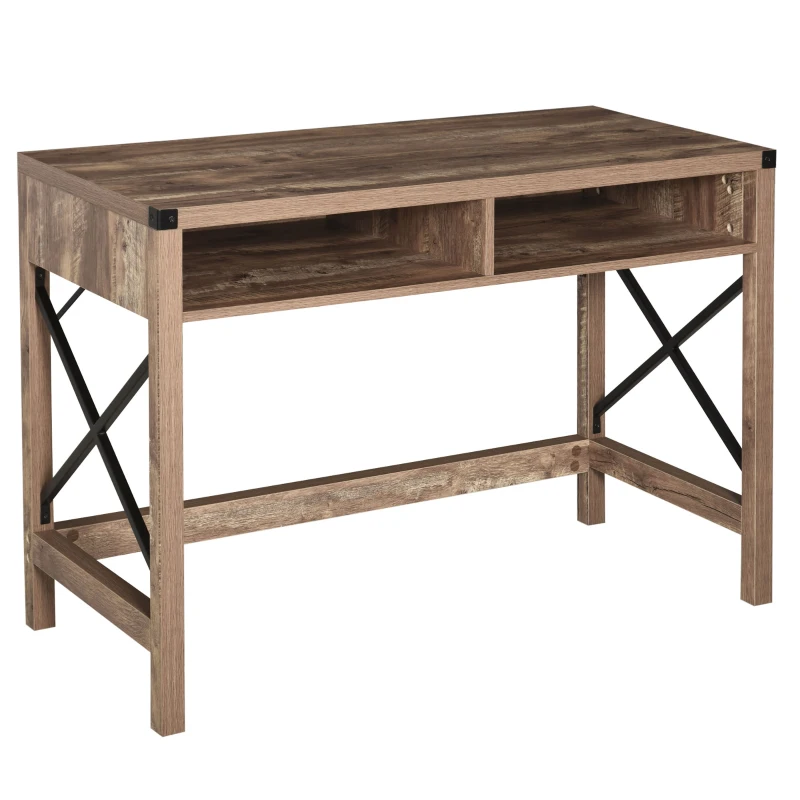HOMCOM Schreibtisch im Industrie-Design Große Tischplatte 2 Fächer Schwarzes Metall Spanplatten Holzoptik mit Maserung Braun