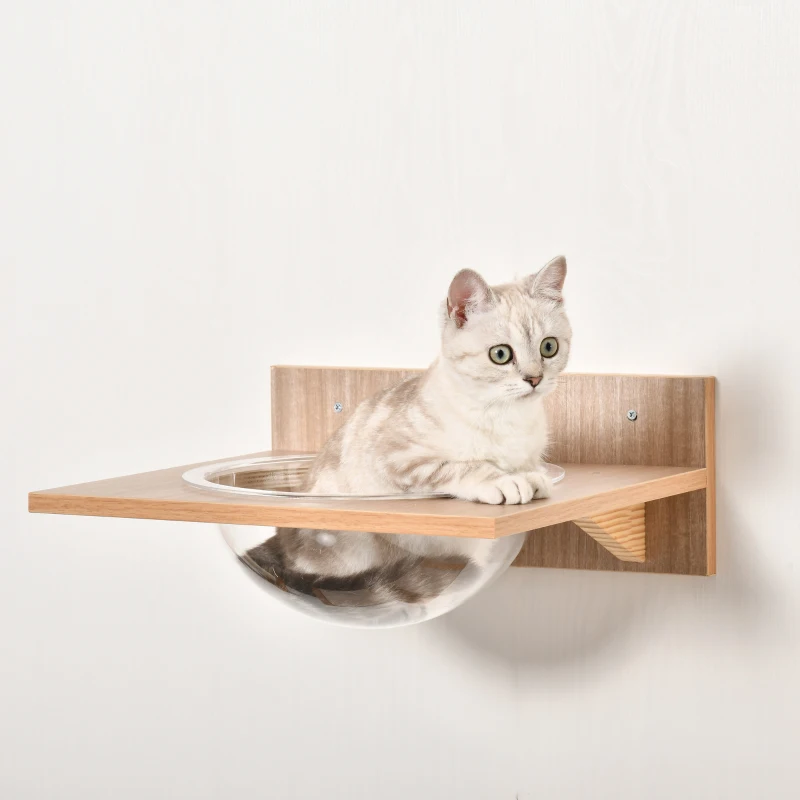 PawHut Parede de Escalada para Gatos, Conjunto de 4 Peças de Elementos de Parede para Gatos com Arranhador, Rede, Plataforma de Salto, Poste Arranhador, Escada para Gatos, Mobiliário de Parede para Escalar e Dormir até 5 kg Castanho Claro