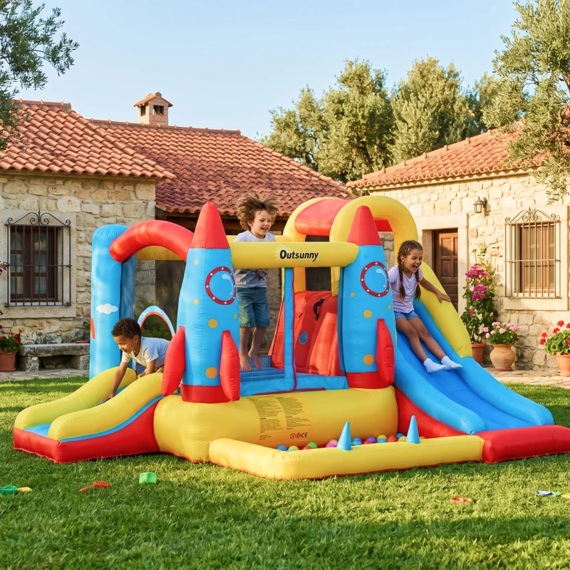 Outsunny Castelo Insuflável com 2 Escorregas Trampolim e Piscina para Crianças acima de 3 Anos com Inflador e Bolsa de Transporte para Interior Exterior 330x265x185cm Multicor